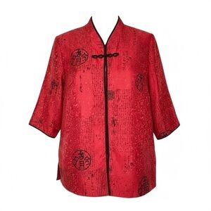 HONGLIANG Red Asian-Inspired 100% Silk Blouse with Black Accents Sz XL